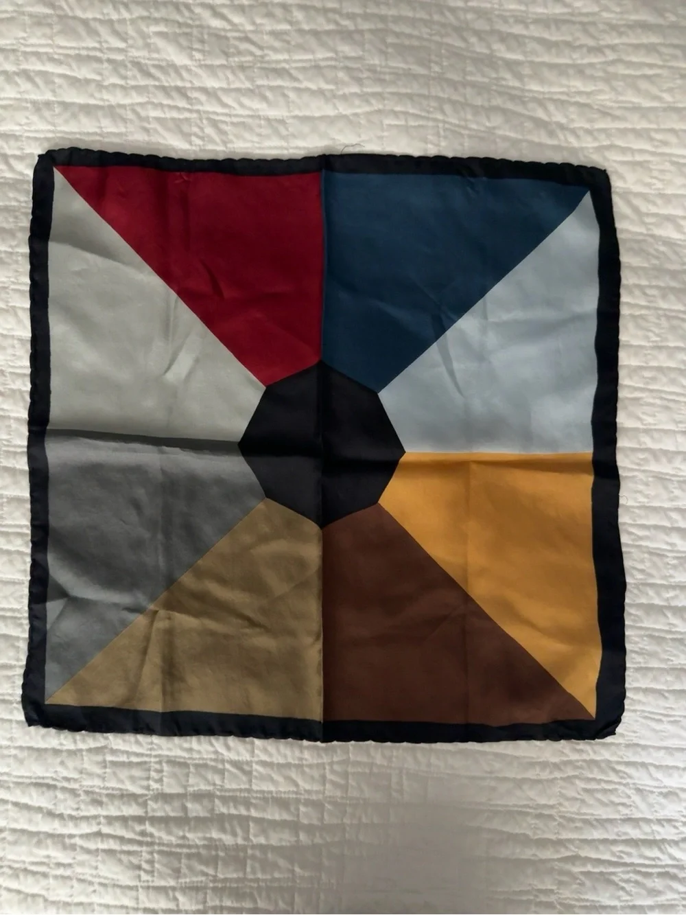 Geometric Colorblock Silk Scarf in Mustard, Brown, Blue, Red and Gray